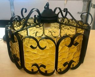 Mid - Century Vintage Spanish Cage Style Iron & Amber Glass Hanging.  Light Fixture