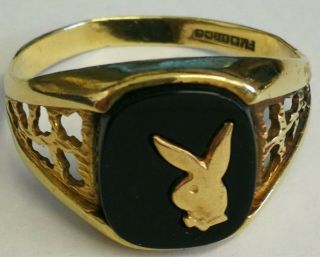 Vintage Black Onyx Playboy Bunny Club Signet Ring 9ct Gold Hallmarked