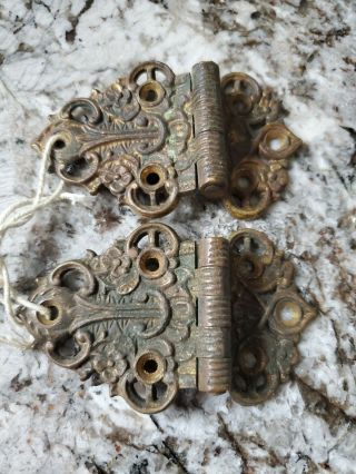 Antique Pair 2 Ornate Floral Ice Box Victorian Hinges 3 " Rare Matching (jw)