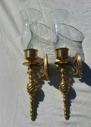 Vintage 2 Set Brass Candle Wall Sconces With Glass Shades In