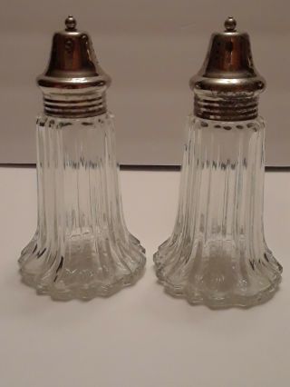 Vintage Tall Ribbed Glass Salt And Pepper Shakers Silver Plated Lids