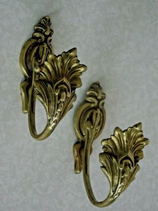 Pair Late 19th Century French Antique Ornate Leaf Brass Tie Back Hooks 1267