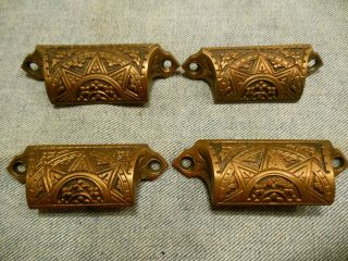 Vintage Rare Set Of 4 Ornate Cast Dark Bronze Brass Bin Drawer Pulls Old