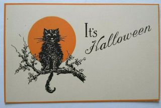 Vintage Halloween Postcard Gibson Black Cat Seated By Moon Light Scarce