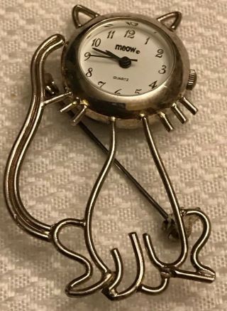 Meow Cat Pin Brooch Metal Silver Chrome Mini Clock Japan Need Battery ?