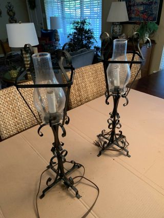 Vintage Spanish Wrought Iron Table Lamps With Hurricane Shades