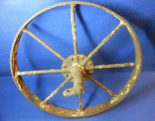 Antique 15 " Cast Iron Wheelbarrow Wheel W/ Axle & Mounting Brackets Wheelbarrel