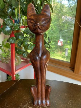 Vintage Siamese Egyptian Cat Hand Carved Wood Sculpture Mid Century Modern 12”
