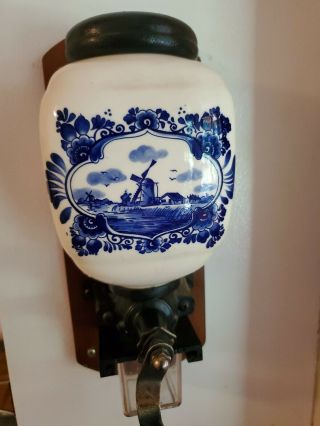 Vintage Dutch Holland Blue Delft Porcelain Coffee Grinder Wall Mount Windmill