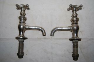 2 Antique Victorian Faucets Nickel Over Brass With Porcelain Hot And Cold Tops
