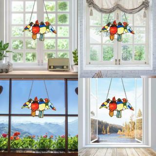 14.  5 Tiffany Glass Birds Window Panel Hangings With Chain