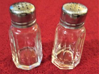 Vtg 1940s Clear Glass Octagon Salt & Pepper Shakers Stainless Steel Covers Tops