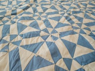Vintage Handmade Quilt Blue White Pinwheel Blocks Ties 67x87