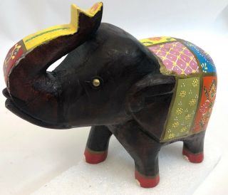 Vintage 9 " Hand Painted Indonesia Carved Wood Floral Daisy Elephant Figure