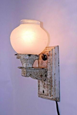 Rare Vtg Antique Cast Iron Wall Sconce Shabby Chic White Pull Light Fixture Lamp