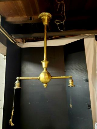 Antique 2 Arm Brass Hanging Light Fixture Victorian Rigid Pendant Chandelier