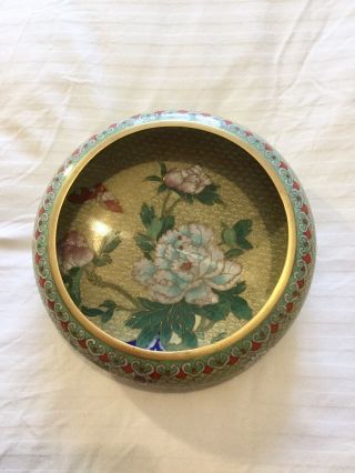 Vintage Chinese Cloisonne Enamel Chrysanthemum Low Bowl With Wooden Stand