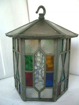 Vintage Stained Glass Wood Porch Lantern / Hall Light Shade