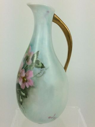 Decorative Mid - Century Pitcher Hand - Painted Signed Porcelain China Gold Handle