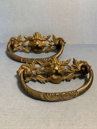 2 Antique Victorian Brass Iron Drawer Pull Lion Head Horns