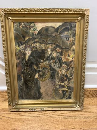 Antique Framed Oil Painting On Canvas Women With Umbrellas Vintage France ?