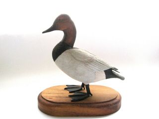 Vintage Hand Carved Wooden Duck On Wood Stand Signed