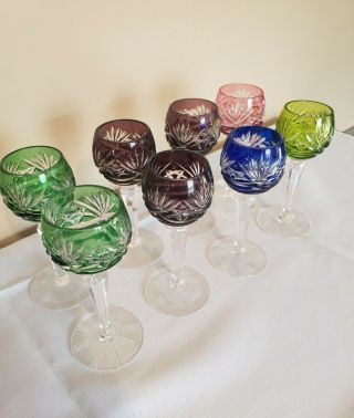 8 Vintage Bohemian Czeh Cut Crystal Cordial/wine Glasses Colored,  Long Stem