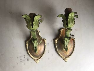 10” Tall Antique Metal Leaf Wall Sconces Pair
