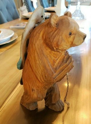 Hand Carved Wood Bear Figure With Rainbow Trout For Lunch