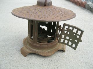Vintage Cast Iron Japanese Asian Pagoda Candle Garden Lantern Bird Bamboo