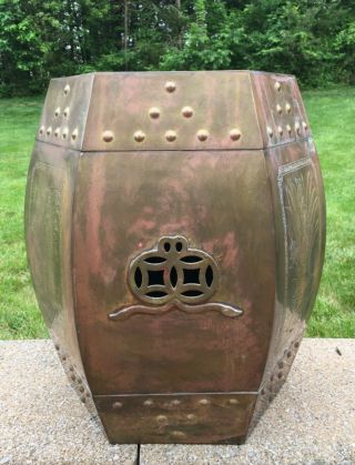 Vintage Brass Garden Hexagonal Stool Drum Seat End Table Etched Asian 18 "