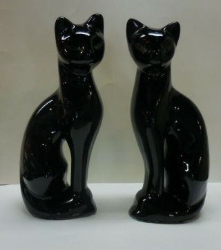 Pair Vintage Black Siamese Cat Ceramic Statues Halloween Mid Century Retro
