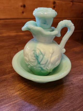 Vintage Avon Jade Milk Glass Bath Oil Decanter Pitcher W/ Saucer Green Floral