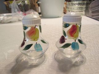 Vintage Clear Glass Hand Painted Pear Design Salt & Pepper Shakers Beige Lids