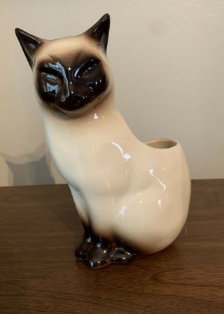 Vtg Sna California Usa Pottery Siamese Cat Kitty Planter Vase Figurine Mcm 7”