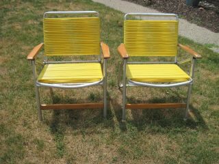Vintage Folding Aluminum Vinyl Tube Strap Yellow Lawn Chairs Wood Arms (branded)