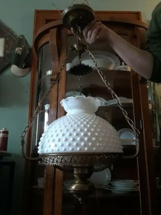 Vintage Hobnail Milk Glass Ceiling Hanging Light Fixture Hurricane Oil Lamp Type