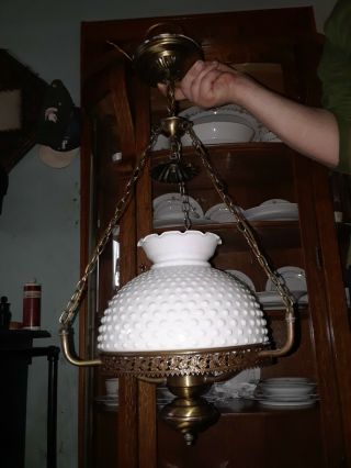 Vintage Hobnail Milk Glass Ceiling Hanging Light Fixture Hurricane Oil Lamp Type 2