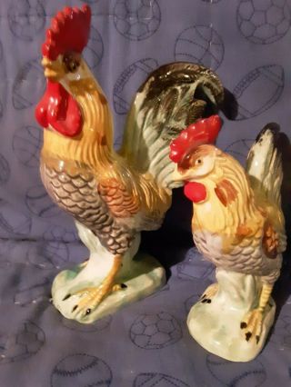 Vintage Pair Rooster Hen Chicken Farmhouse Kitchen Japan Ceramic Figurines