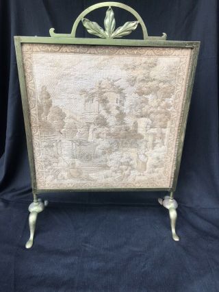 Antique Vintage Brass Fireplace Screen Tapestry Picture