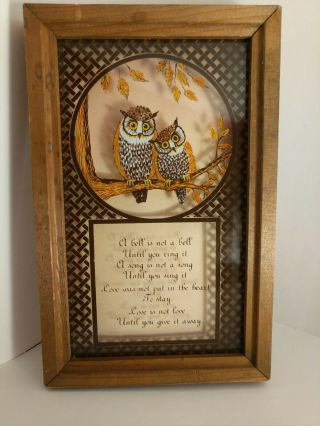 Vintage Reverse Painted Owl Picture,  Made In Usa 1978.  By Lu Lu 