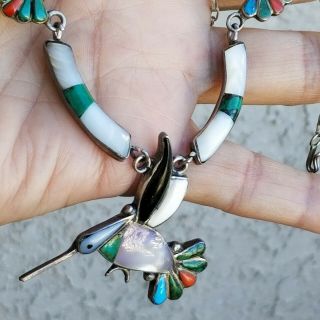 Vintage Zuni Sterling Silver Turquoise Coral Mop Green Turquoise Birds Necklace