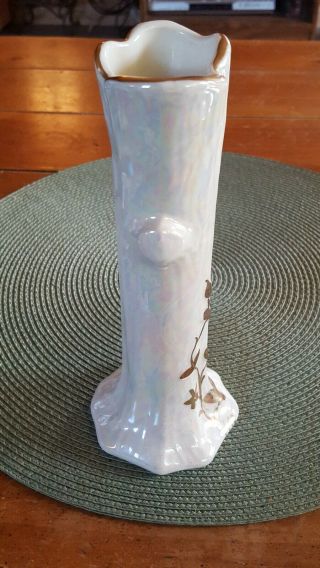 Vintage Porcelain Bud Vase Tree Trunk w/Squirrel Opalescent Lusterware 24KT Gold 2