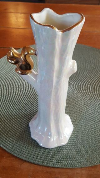 Vintage Porcelain Bud Vase Tree Trunk w/Squirrel Opalescent Lusterware 24KT Gold 3