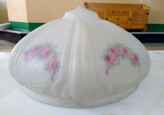 Antique Vintage Pressed Glass Reverse Painted Rose Ceiling Light Fixture Shade