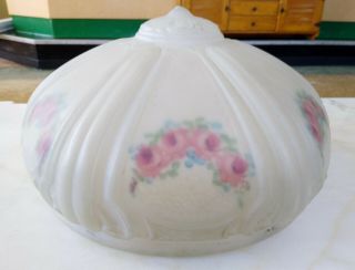 Antique Vintage Pressed Glass Reverse Painted Rose Ceiling Light Fixture Shade 3