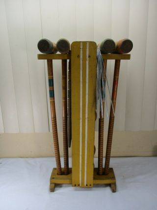 Vintage 4 Player Wood Croquet Set Mallets Balls Stakes Wickets & Stand Complete