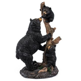 Black Bear With Cubs On Tree Stump Figurine Statue 10 " H Resin