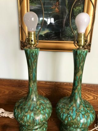 2 Vtg Mid Century Modern Large Green Blue Drip Glaze Table Lamp