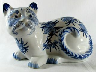 Large Ceramic Porcelain Laying Cat Figurine Floral Design Cobalt Blue And White